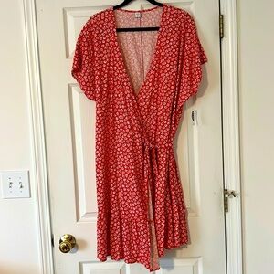 Red and white floral wrap dress